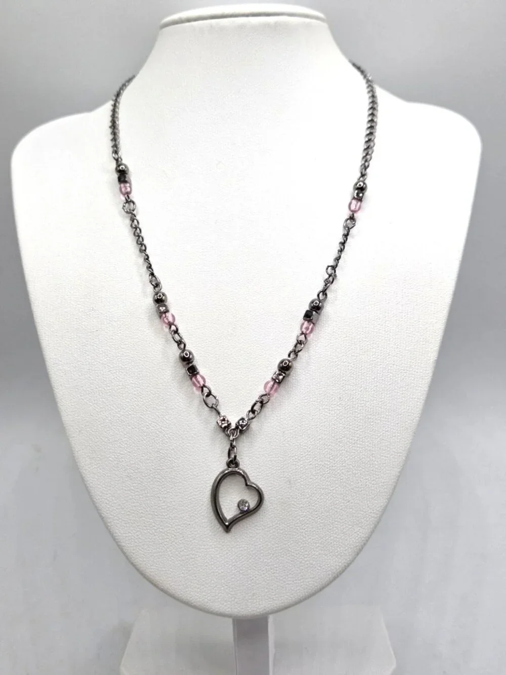 Heart Pendant Necklace With Pink Beads & Metal Chain